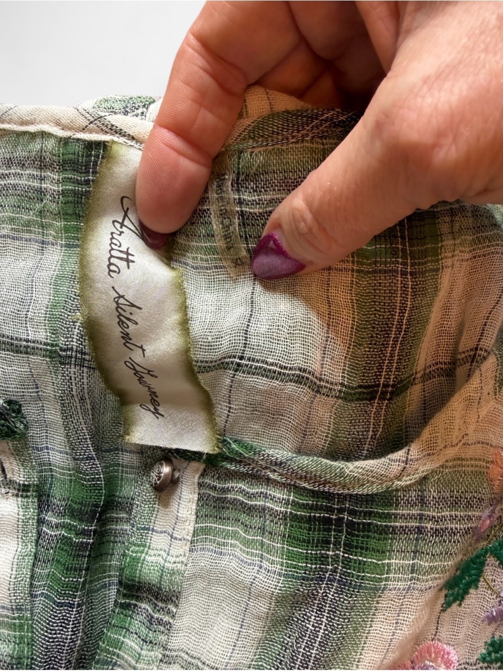 Aratta Summer Breeze Embroidered Green Plaid Button-Front Tunic Dress, NWT *FLAW - Picture 8 of 11